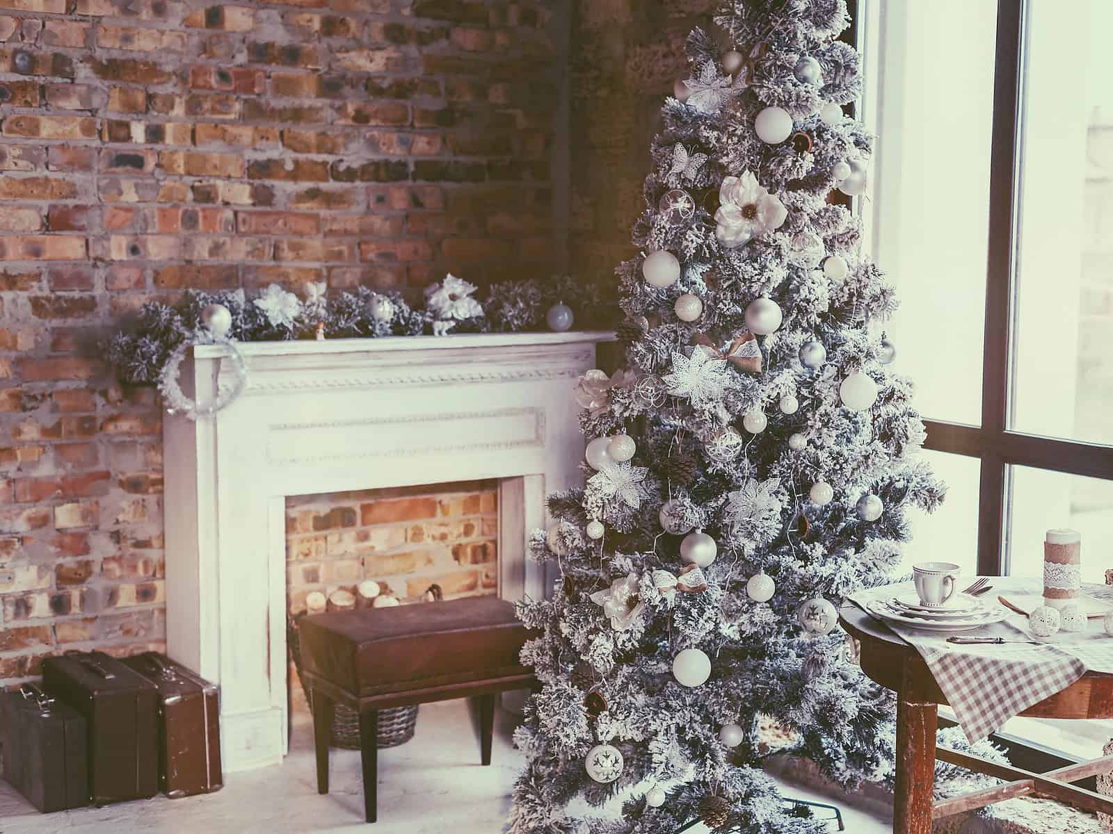 Christmas Tree with Snowy Decorations and Ornaments.