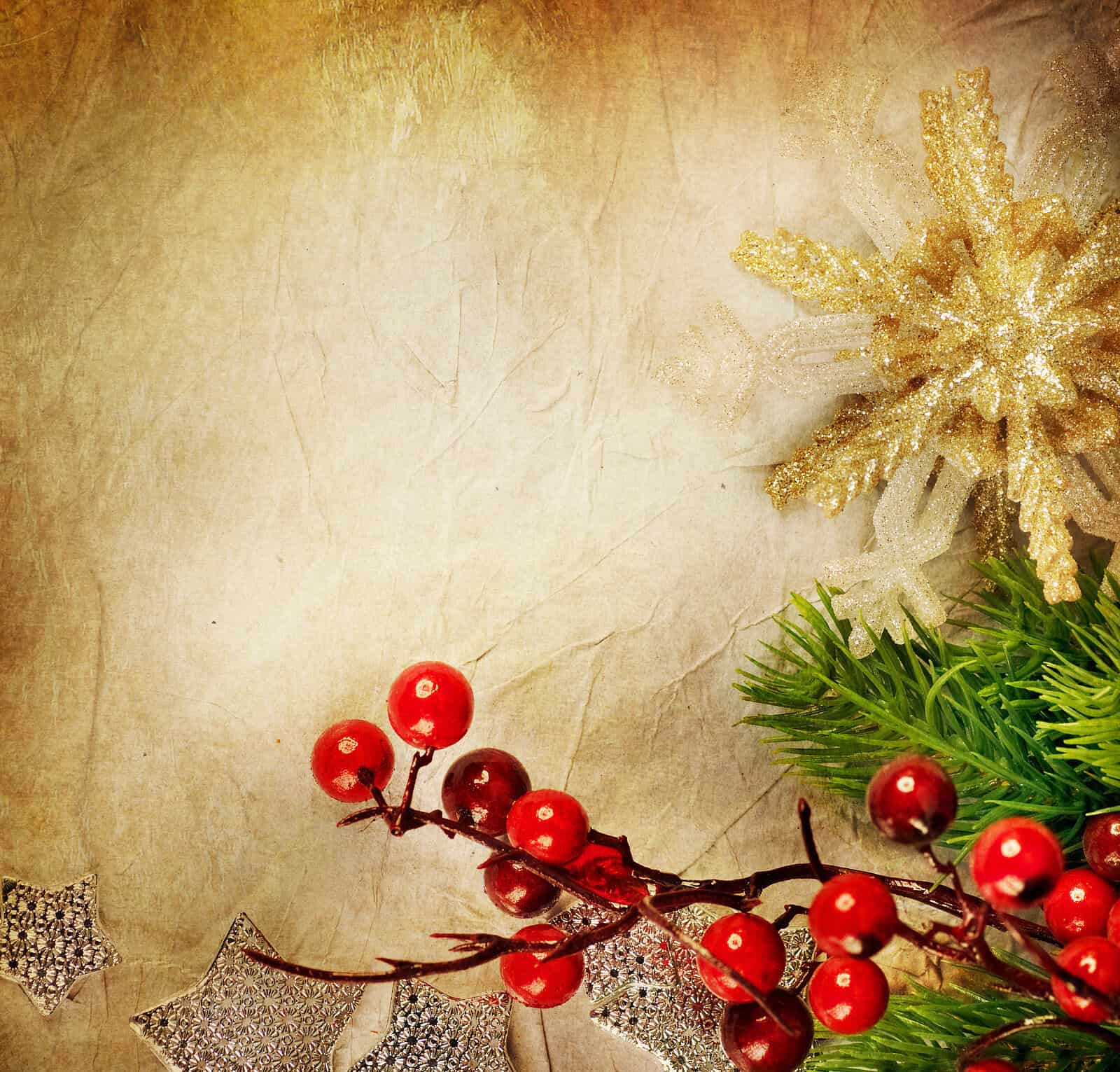 Holiday decorations with red berries, green pine, and glittering gold snowflake.