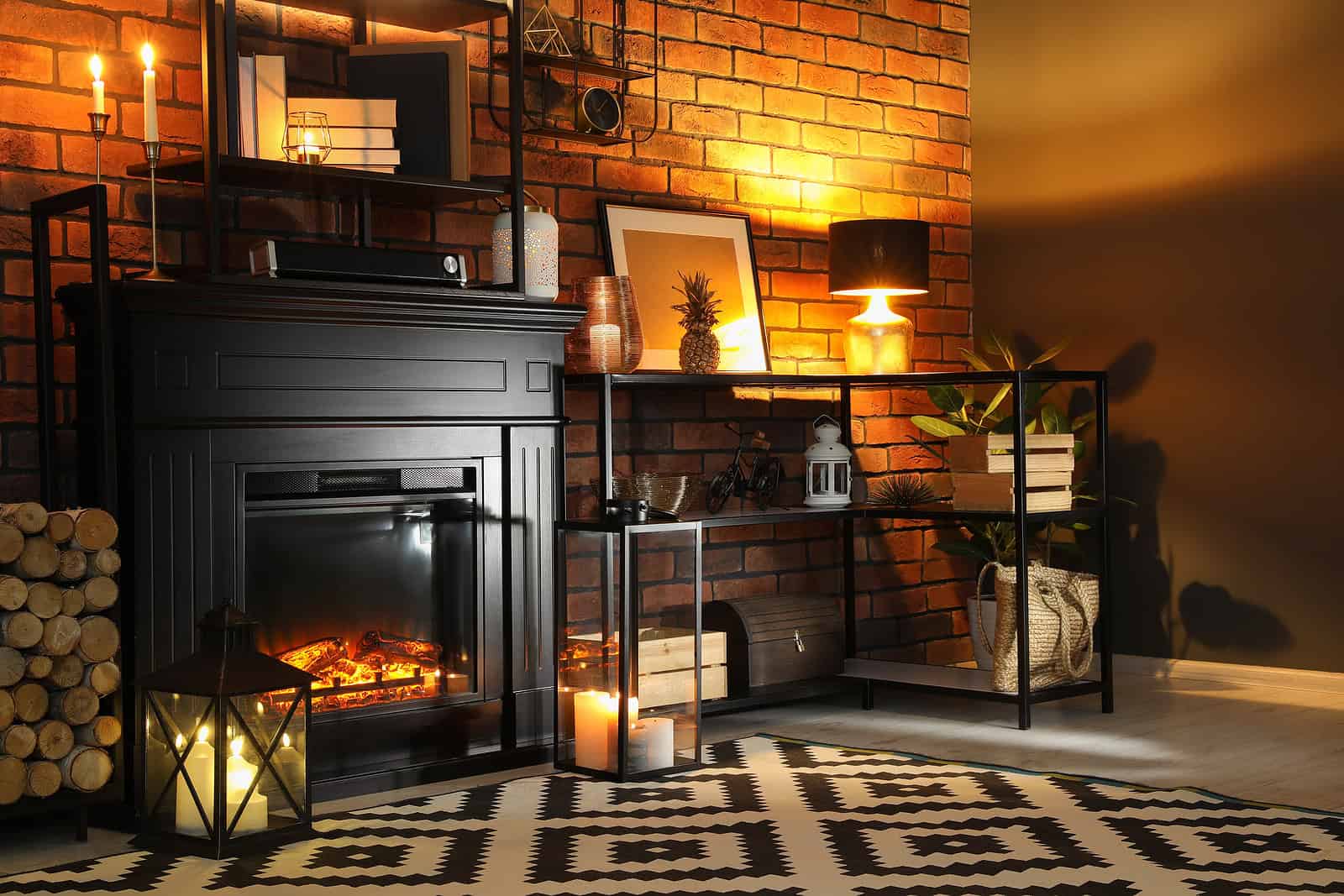 Cozy living room with fireplace, brick wall, and modern decor accents.