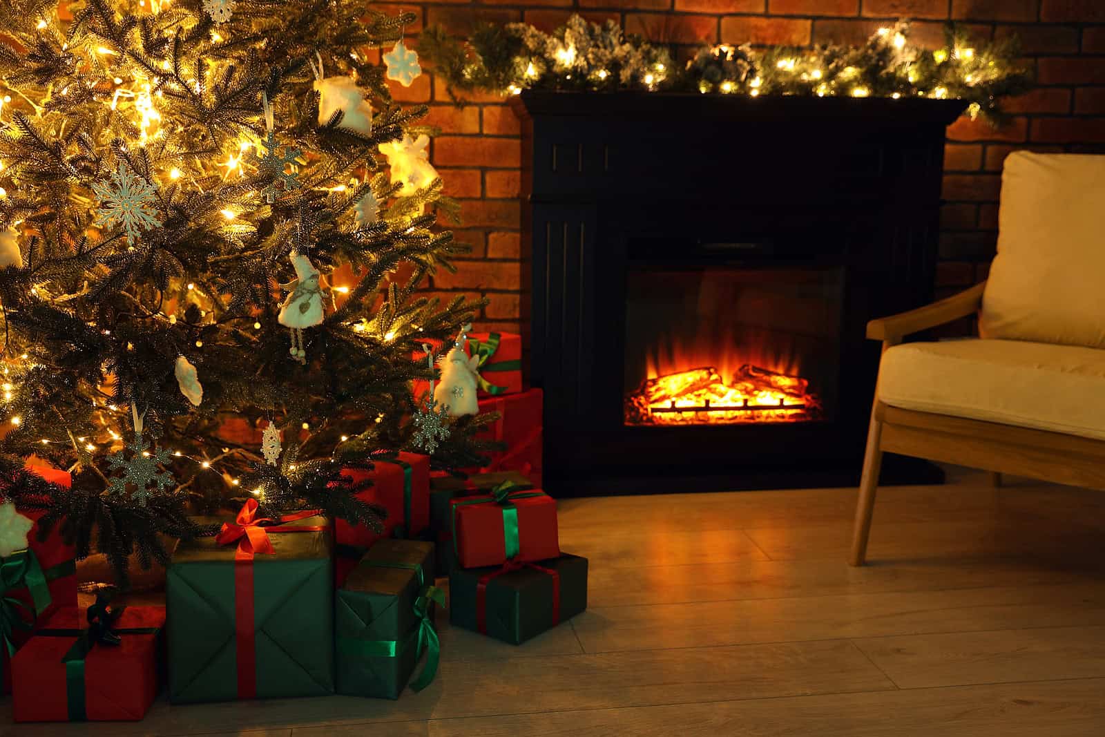 Historic masonry work with holiday decorations and fireplace ambiance.