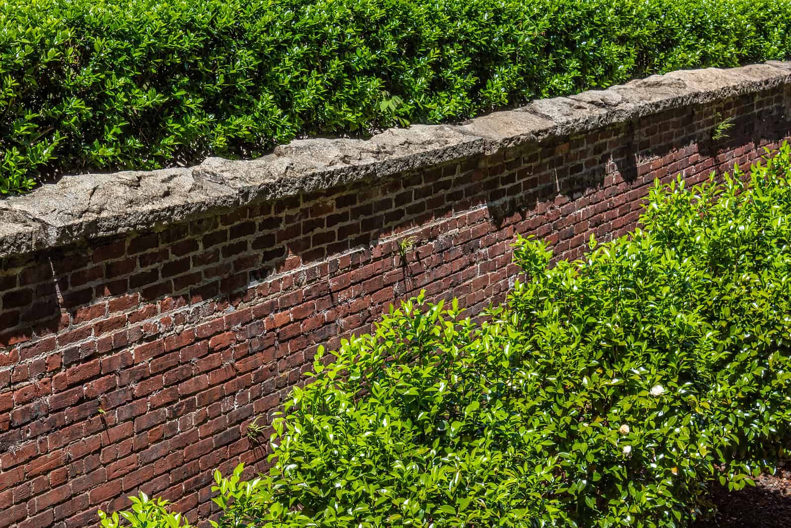 Close-up of historic brick masonry wall with tuckpointing work.