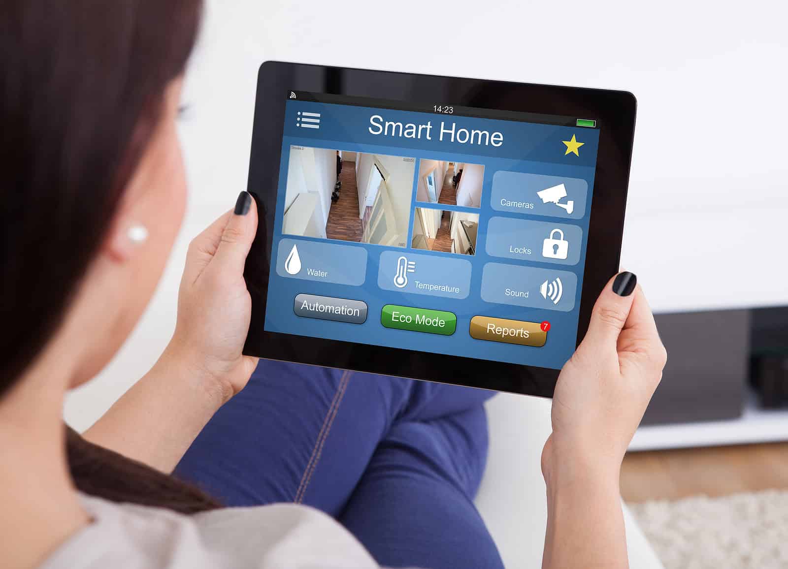 Smart home control panel with security and automation features.