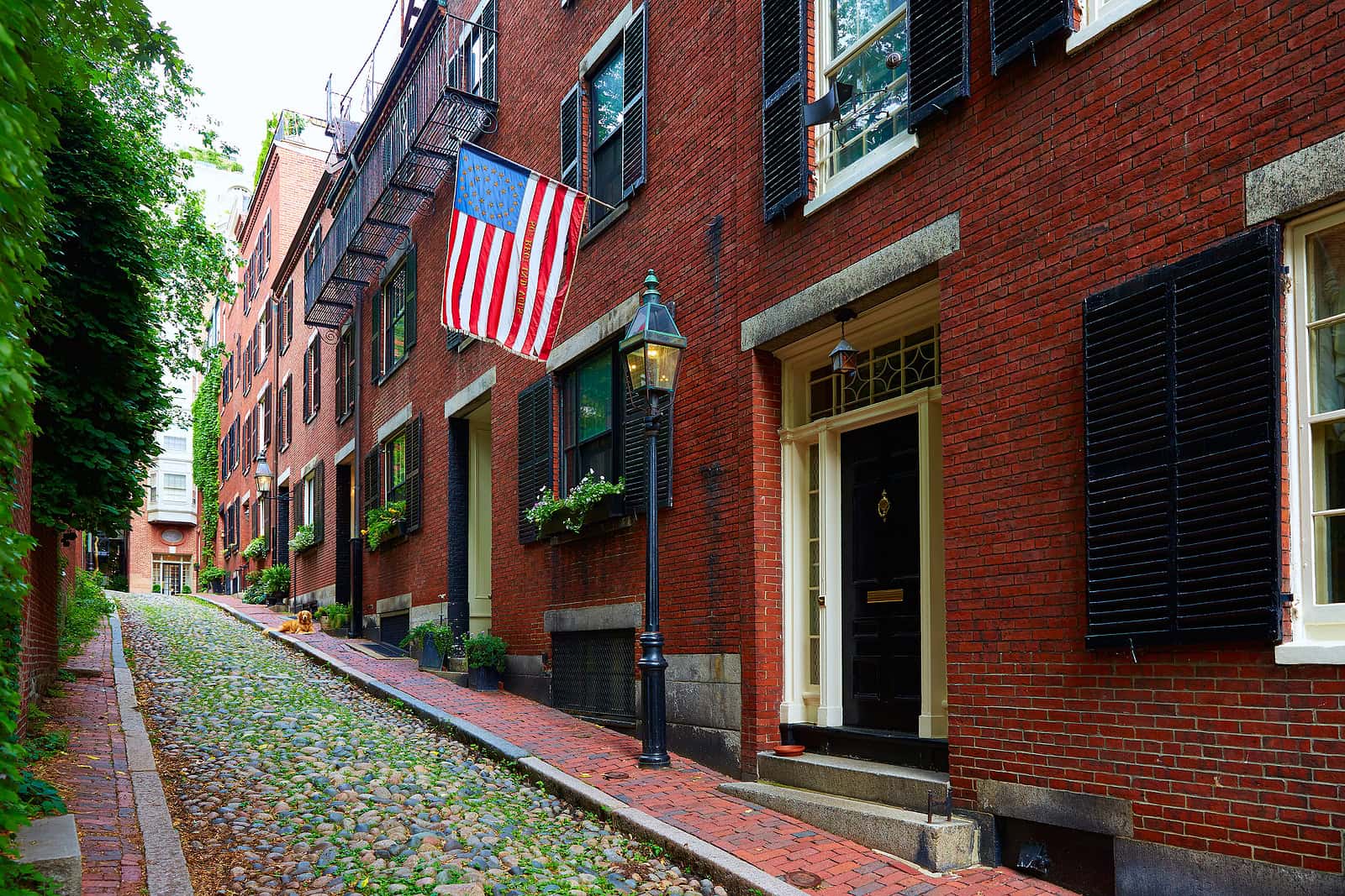 Historic brick building with American flag and classic streetlamp.