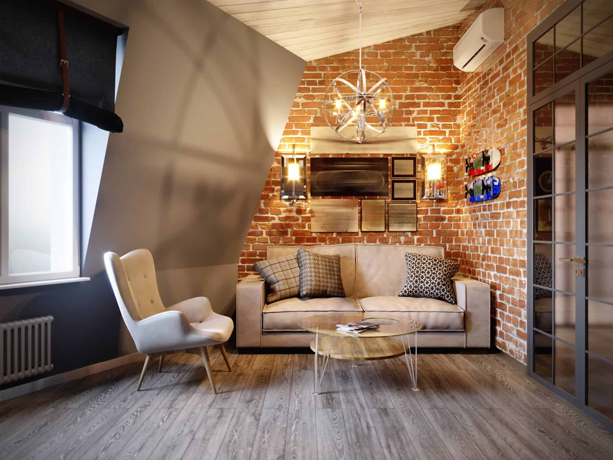 Modern living room with exposed brick wall, stylish furniture, and contemporary decor.