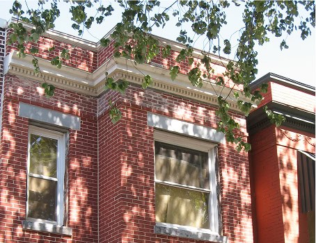 Close-up of historic brick masonry and tuckpointing work on a building facade.