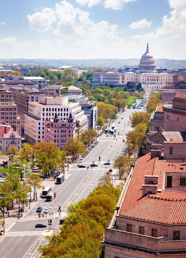 Aerial view of Washington, D.C., showcasing historic masonry and Renaissance architecture with the C.
