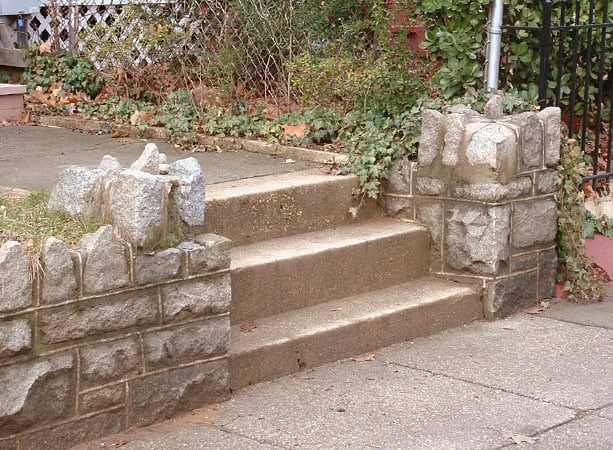 Historic stone steps with masonry and tuckpointing work in a garden setting.